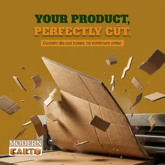 Cardboard bursting off a die-cutting press under the headline Your Product, Perfectly Cut