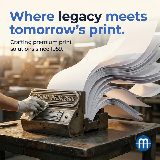 A vintage Heidelberg press fanning out sheets, headline Where legacy meets tomorrow's print