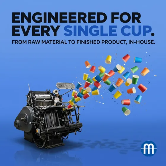 An antique press with printed paper cups flying from it, headline Engineered For Every Single Cup