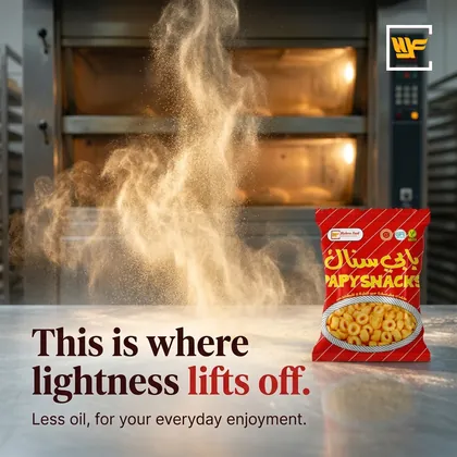 Flour dust rising by a bakery oven beside a Papysnacks pack, headline This is where lightness lifts off