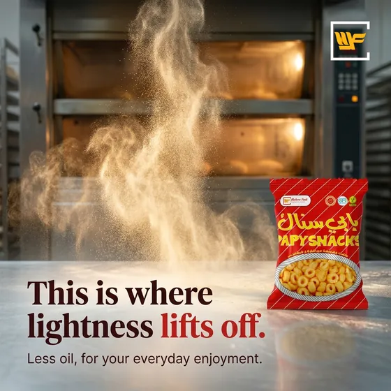 Flour dust rising by a bakery oven beside a Papysnacks pack, headline This is where lightness lifts off