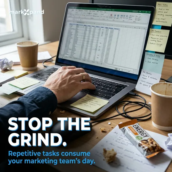 Someone at a laptop buried in spreadsheets and sticky notes, headline Stop The Grind