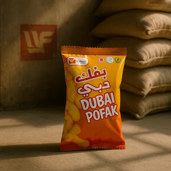 A Dubai Pofak snack pack standing before stacked hessian sacks, for Modern Food